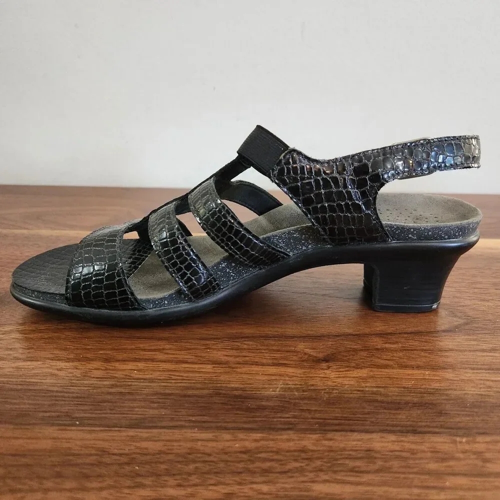SAS Allegro Black Leather Heeled Sandal Croc Animal Alligator Print Strappy 7.5